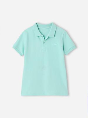 Poloshirt met korte mouwen voor jongens met borduurwerk op de borst turquoiseblauw