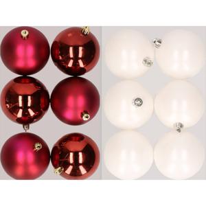 12x stuks kunststof kerstballen mix van donkerrood en winter wit 8 cm - Kerstbal