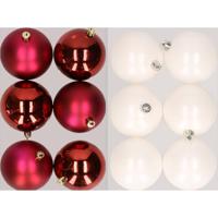 12x stuks kunststof kerstballen mix van donkerrood en winter wit 8 cm - Kerstbal - thumbnail