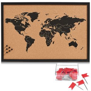 Prikbord wereldkaart met 20x punaise vlaggetjes rood - 60 x 40 cm - kurk