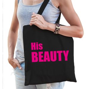 His beauty tas / shopper zwart katoen met roze tekst voor dames   -