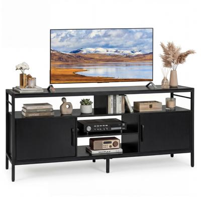 TV-Kast voor TV's van 65 Inch Lowboard met 2 Kasten en 4 Open Planken TV-Tafel met Verhoogde Metalen Poten TV-Kast voor de Woonkamer-Zwart