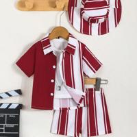 3pcs/Set Summer Baby Boys Casual Sports Striped Short Sleeve Shirt Top, Striped Shorts And Hat Outfit Set Burgundy / 4Y