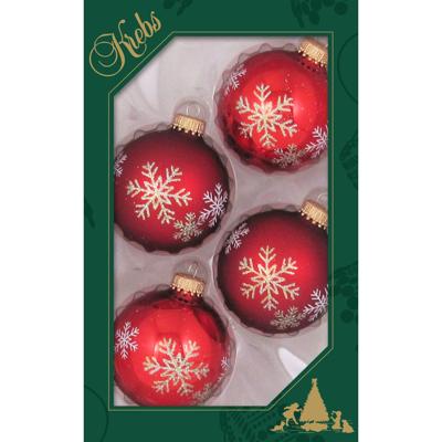 Krebs Kerstballen - 4x - rood met sneeuwvlok - glas - 7 cm - luxe gedecoreerde kerstversiering
