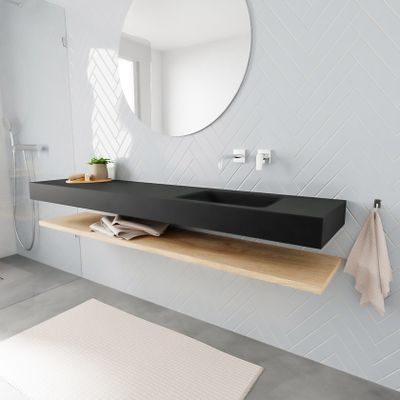 Mondiaz Alan badmeubel 200 cm planchet washed oak vrijhangend wastafel rechts zonder kraangat zwart