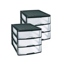 2x stuks ladeblok/bureau organizer met 3 lades zwart/transparant L 35,5 x B 27 x H 26 cm