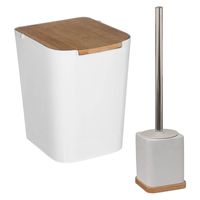 Badkamer/toilet accessoires set - WC-borstel in houder en prullenbak - wit - bamboe - 5 liter - thumbnail