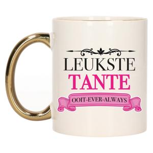 Verjaardag cadeau mok - roze - leukste tante ooit - gouden handvat - 300 ml - keramiek