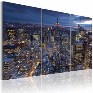 Schilderij - New York City - Bovenaanzicht in het Donker, Blauw, 3luik, premium print