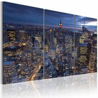 Schilderij - New York City - Bovenaanzicht in het Donker, Blauw, 3luik, premium print - thumbnail