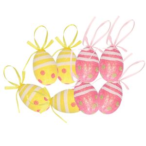 Decoratie paaseieren hangend 12x roze/geel piepschuim 6 cm