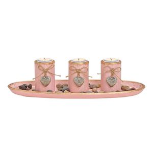 Decoratie schaal met 3 waxinelicht/theelicht houders met hartjes roze - Waxinelichtjeshouders