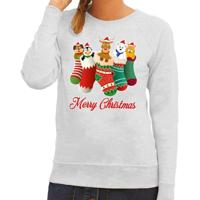 Foute Kersttrui - sweater - kerstsokken met diertjes - Merry Christmas - grijs - voor dames