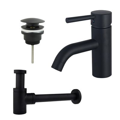 Fortifura Calvi Wastafelkraanset - lage wastafelkraan - klikwaste plug - verlaagde design sifon - Mat zwart SW377833/SW696199/SW696215