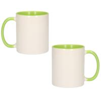 Koffiemok / thee beker - 2x - 300 ml - Wit/groen - Cadeau mokken - keramiek Koffiemok / thee beker - 2x - 300 ml - Wit/groen - Cadeau mokken - keramiek