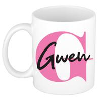 Naam mok Gwen - roze - wit - keramiek - 300 ml - verjaardag/cadeau beker