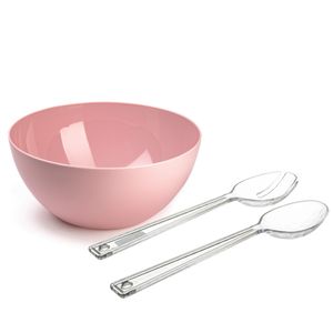 Salade serveer schaal - roze - kunststof - Dia 28 cm - met sla couvert/bestek