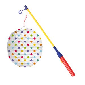 Bol lampion stippen - wit/regenboog - H22 cm - papier - met lampionstokje - 40 cm