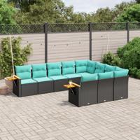 10-delige Loungeset met kussens poly rattan zwart