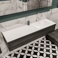 Mondiaz Lush Cloud badmeubel eiken donker bruin 150 cm 1 lade solid surface enkele spoelbak rechts 1 kraangat