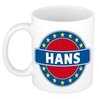 Hans voornaam koffiemok - beker - wit/blauw - 300 ml - Cadeau - Heren - Collega - Vaderdag
