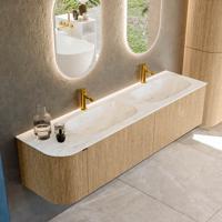 Badmeubel Mondiaz Kurve-Dlux | 175 cm | Meubelkleur Oak | Wastafelkleur Ostra | Solid surface | Dubbele spoelbak | 2 kraangaten