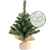 Mini kunst kerstboom groen met verlichting - in jute zak - H45 cm - lichtgroen - Kunstkerstboom
