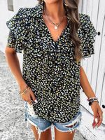 Floral Casual V Neck Loose Shirt