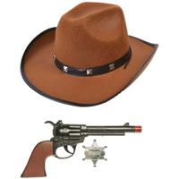 Carnaval verkleed hoed voor een cowboy - bruin - polyester - heren/dames - incl. pistool - thumbnail