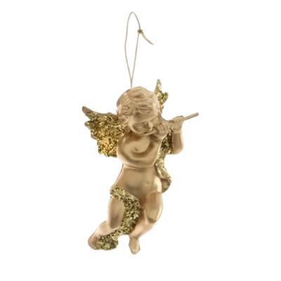 Decoris engel met dwarsfluit - goud - kunststof - 10 x 6 cm - kerstversiering - hangdecoratie