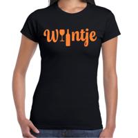 Koningsdag verkleed t-shirt dames - wijntje - met fles en glas - glitter oranje - zwart