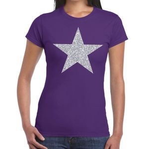 Zilveren ster glitter t-shirt paars dames