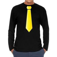 Verkleed shirt voor heren - stropdas geel - zwart - carnaval - foute party - longsleeve - thumbnail