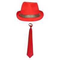 Carnaval verkleedset Redman - hoed en stropdas - rood - heren/dames - verkleedkleding - thumbnail