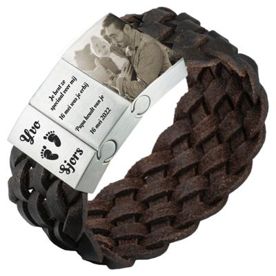 Foto-armband gevlochten leer - zwart of bruin | 3 schakels (Kleur: Bruin gevlochten)