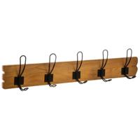 Kapstok rek wand/muur - lichtbruin - 5 grote ophanghaken/10 knoppen - hout/metaal - B64 x H14 cm