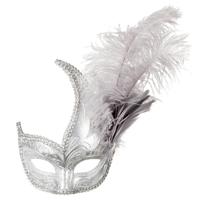 Boland Luxe Verkleed oogmasker Venitiaans - zilver - veren- volwassenen - gemaskerd bal   -