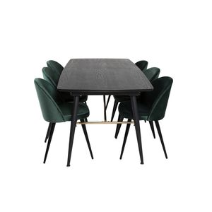 Gold eethoek eetkamertafel uitschuifbare tafel lengte cm 180 / 220 zwart en 6 Velvet eetkamerstal velours groente,