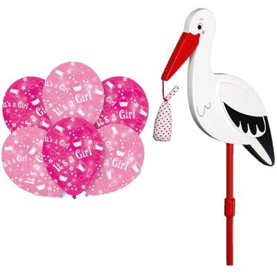 Geboorte versiering meisje - ooievaar geboorte bord - 77 cm hoog - 6x roze ballonnen