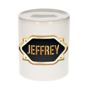 Naam cadeau spaarpot Jeffrey met gouden embleem
