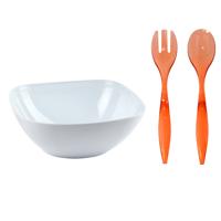 Salade/fruit diepe serveerschaal - wit - kunststof - D28 X H11 cm - met sla couvert/bestek - rood