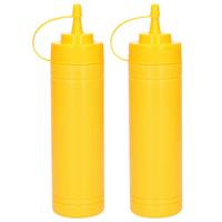 Doseerfles/sausfles - 2x stuks - kunststof - geel - met schenktuit - 500 ml - 23 cm
