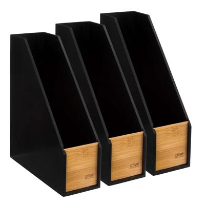 5Five lectuurbak/tijdschriften cassette - 3x - zwart/bruin - B9 x D25 x H30 cm - hout