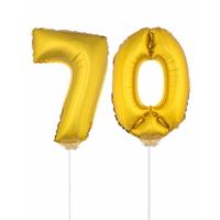 Gouden opblaas cijfer 70 - op stokjes van 41 cm - leeftijd versiering - verjaardag