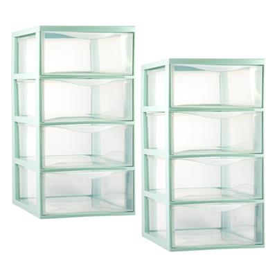 Plasticforte Ladeblokje/bureau organizer - 2x met 4x lades - transparant/lichtgroen - L26 x B37 x H4