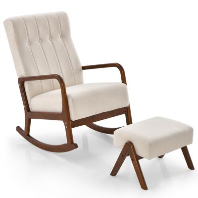 Schommelstoel met Voetenbank Gestoffeerde Stoffen Schommelstoel met Massief Rubberhouten Frame en Gestoffeerd Kussen Beige