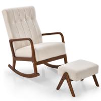 Schommelstoel met Voetenbank Gestoffeerde Stoffen Schommelstoel met Massief Rubberhouten Frame en Gestoffeerd Kussen Beige