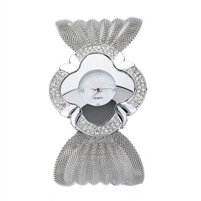 2 PC'S bloem vorm spiegel Dial Diamond grid riem quartz horloge voor vrouwen (zilver)