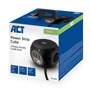 ACT Connectivity Stekkerdoos cube met 3 stopcontacten, USB-A-poorten, 1,5m stekkerdoos