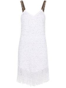 Balmain robe courte en tweed à franges - Blanc